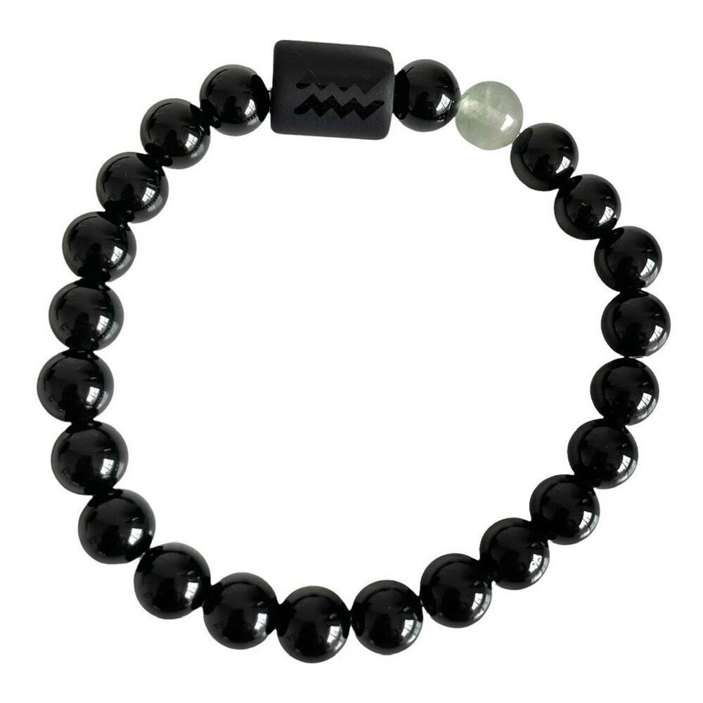 Aquarius Zodiac Beaded Bracelet Black Onyx Obsidian Fluorite Unisex, New